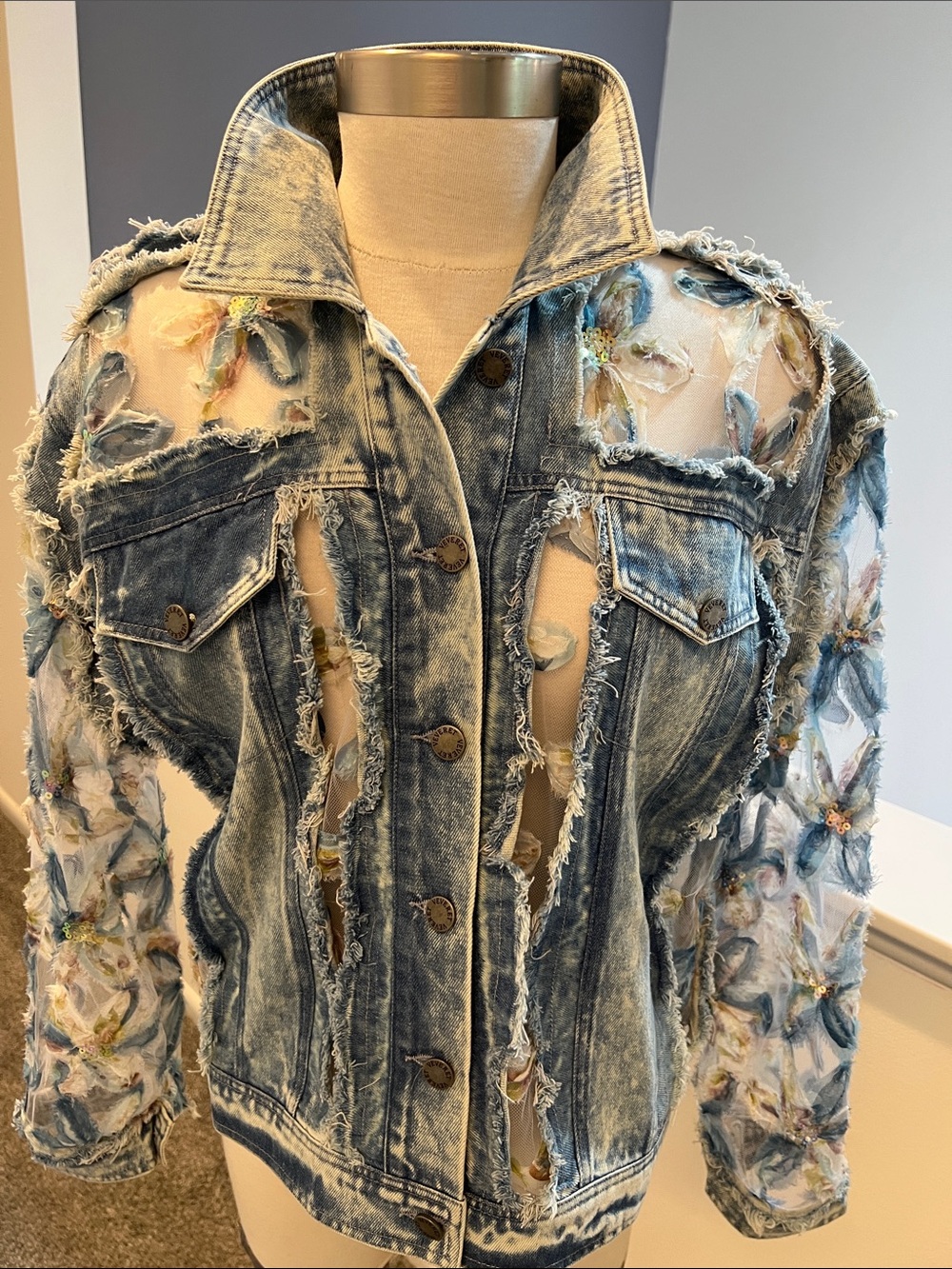 Women's Blue Distressed Denim Jacket with Floral Cutouts